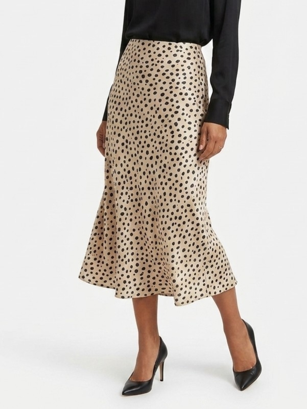 Serra Beige Satin Midi Skirt with Black Polka Dots